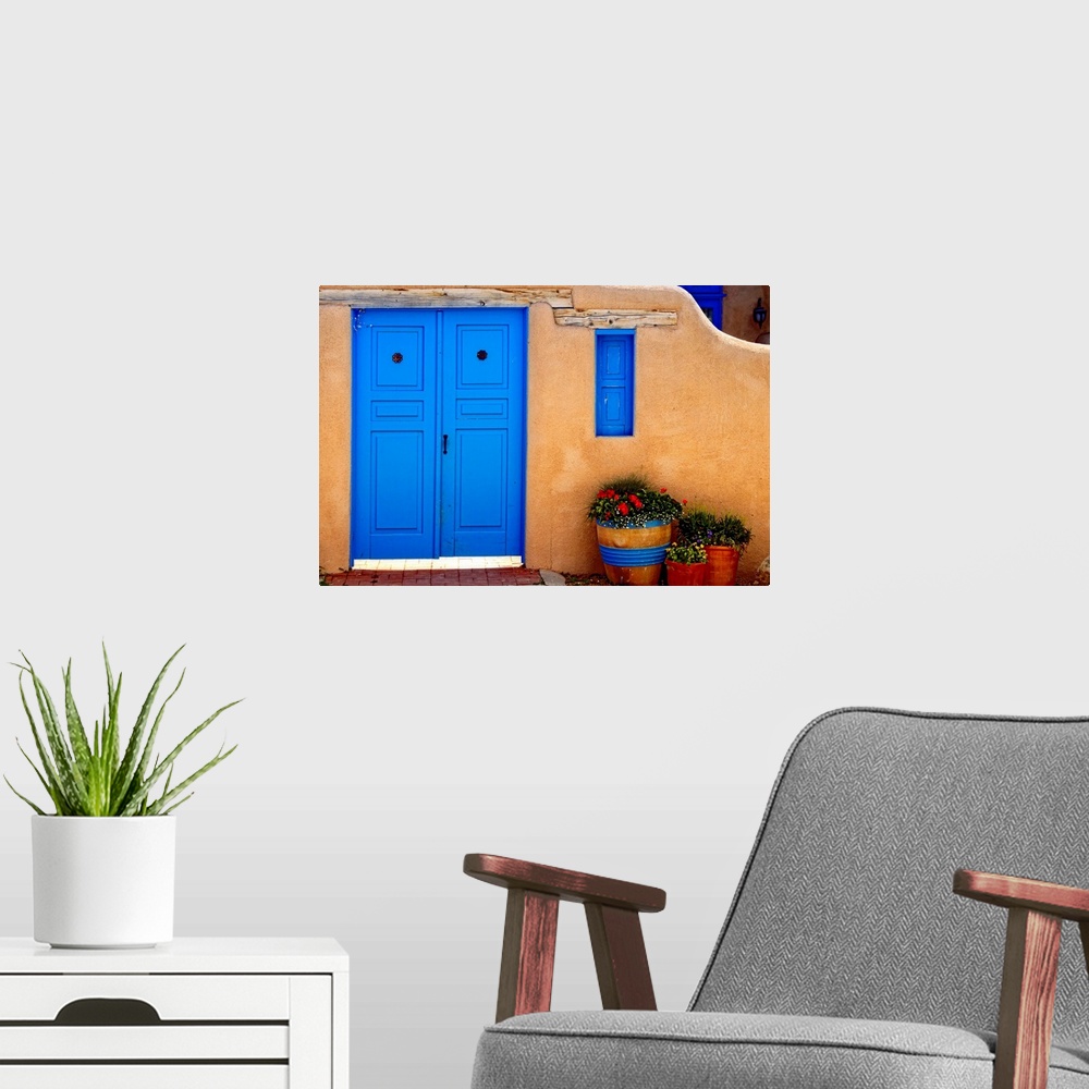 A modern room featuring Adobe Walls with Blue Doors, Ranchos De Taos, New Mexico