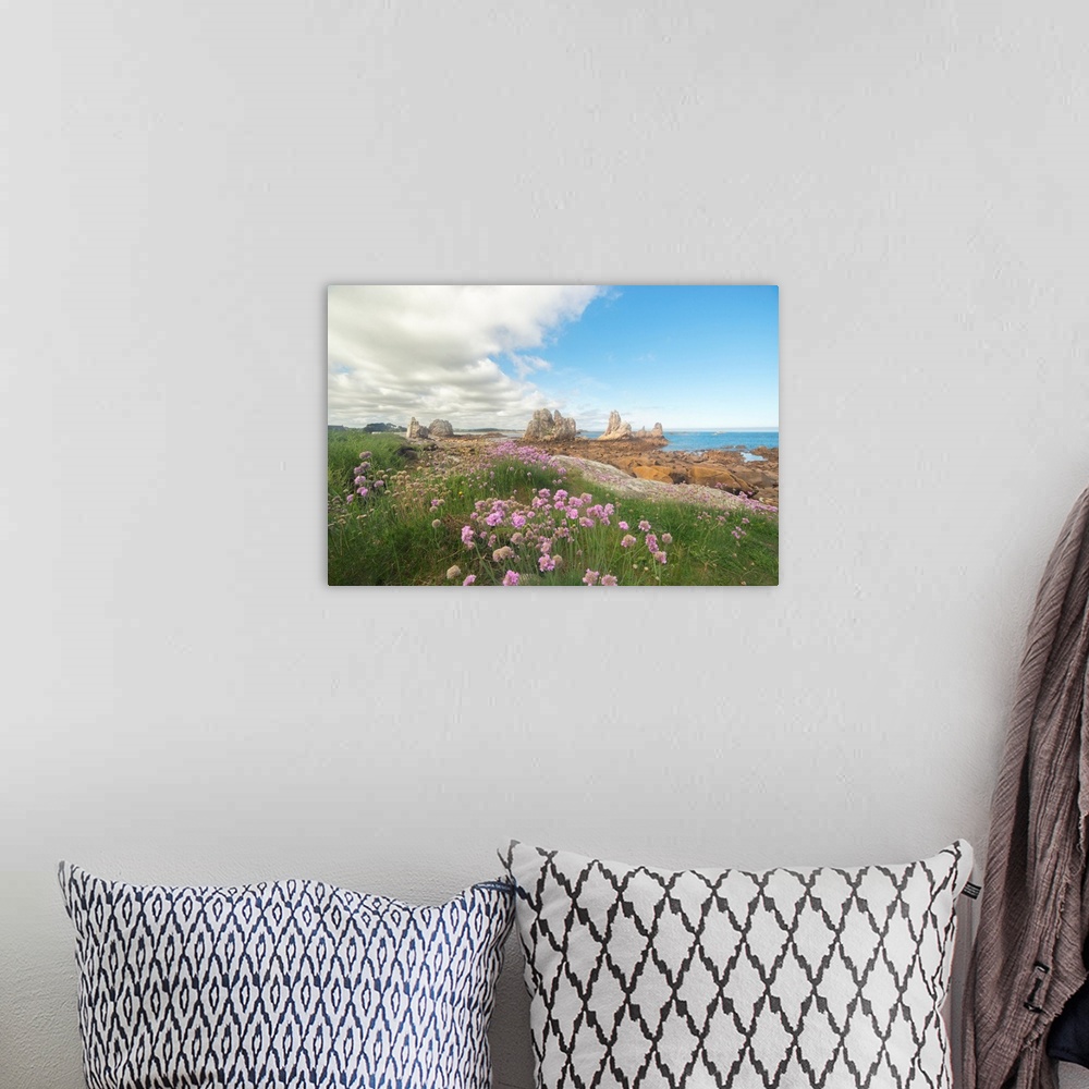A bohemian room featuring Briitany landscape in Pors Scaff area with pink flowers and blue sky.