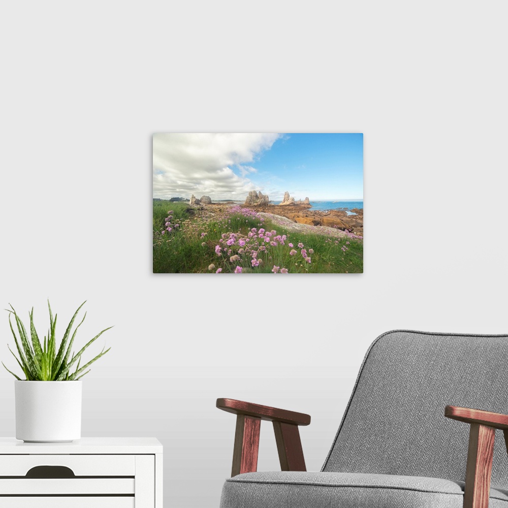 A modern room featuring Briitany landscape in Pors Scaff area with pink flowers and blue sky.