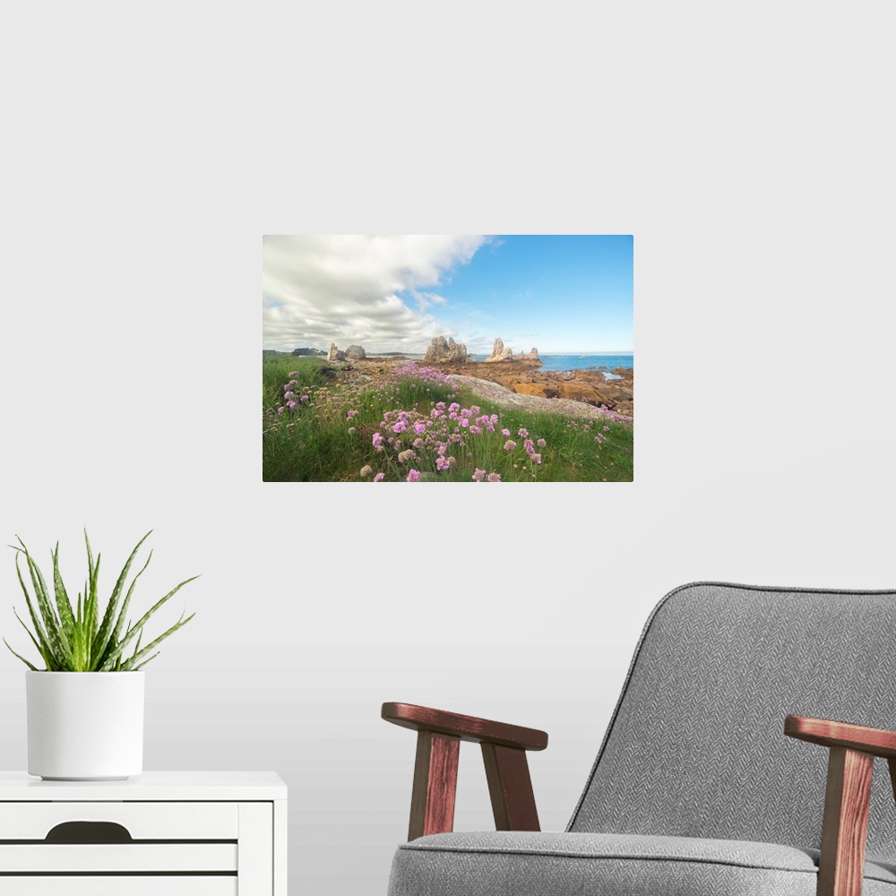 A modern room featuring Briitany landscape in Pors Scaff area with pink flowers and blue sky.