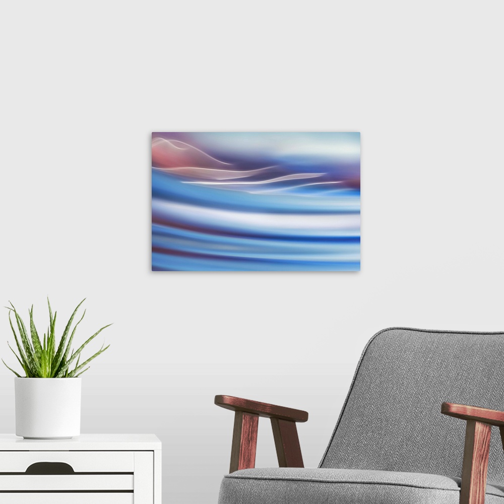 A modern room featuring Abstract photo of smooth waves in pastel tones.