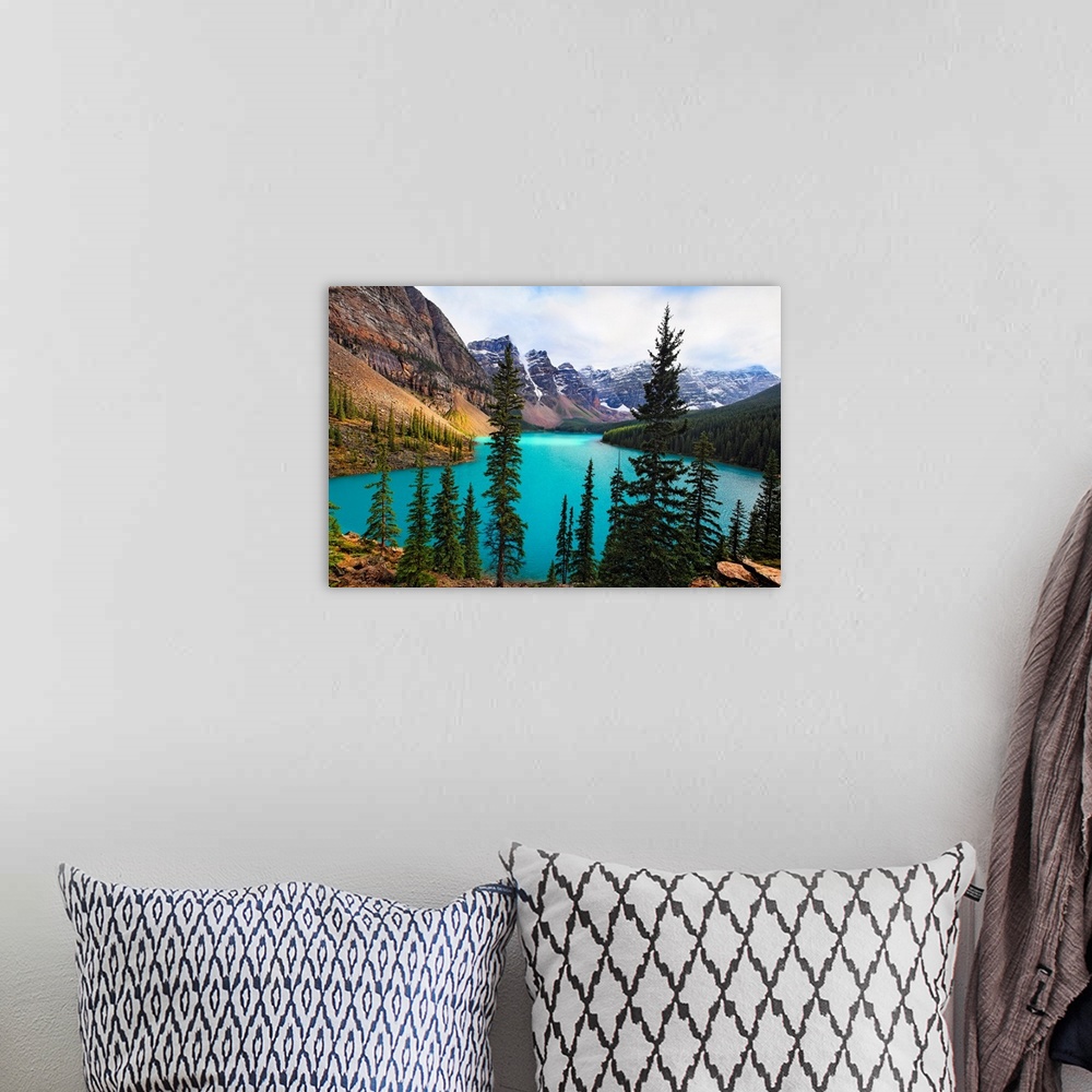 A bohemian room featuring High Angle View of an Alpine Lake, Moraine Lake, Valley of the Ten Peaks, Alberta, Canada