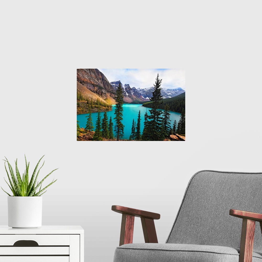A modern room featuring High Angle View of an Alpine Lake, Moraine Lake, Valley of the Ten Peaks, Alberta, Canada