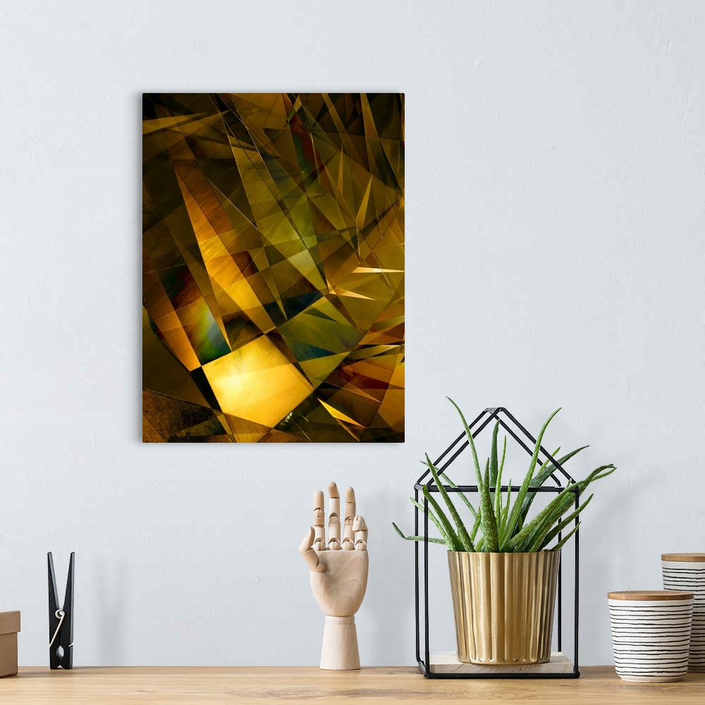 A bohemian room featuring Abstract photograph made of intersecting angles and lines in varying golden shades.