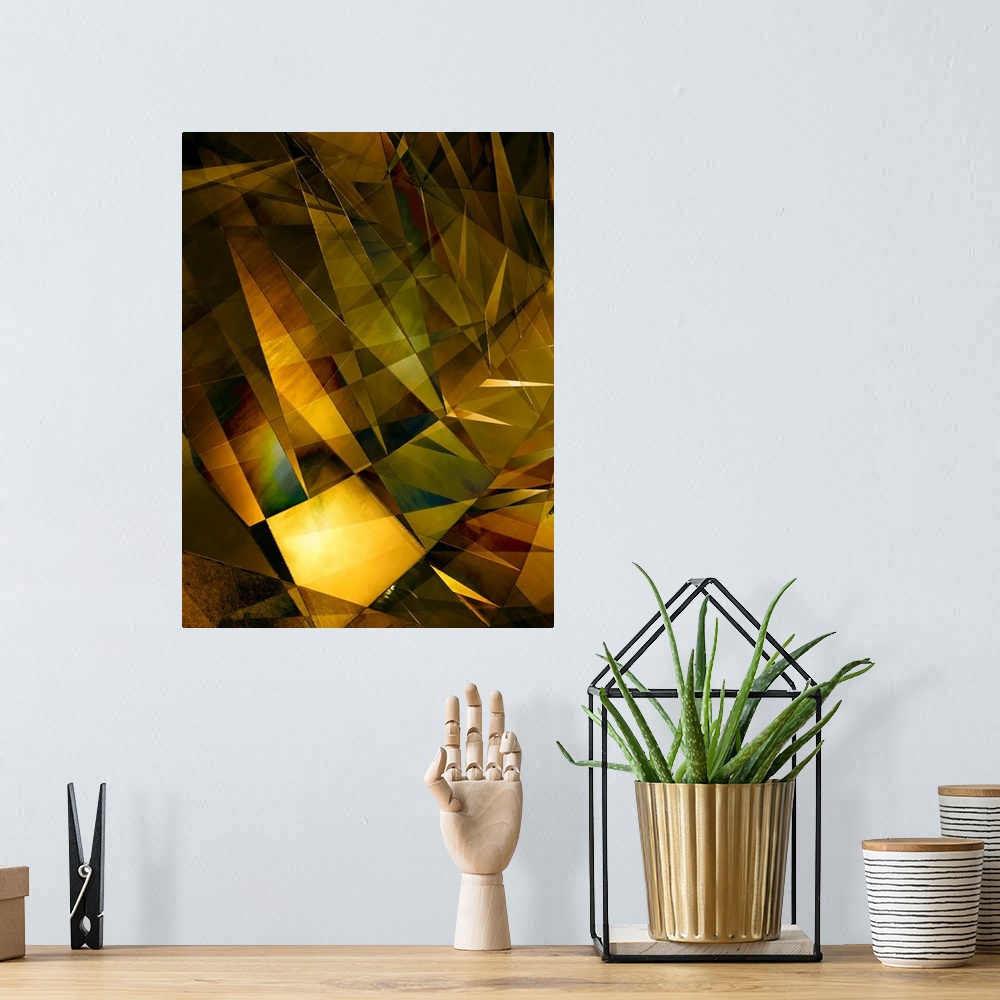 A bohemian room featuring Abstract photograph made of intersecting angles and lines in varying golden shades.