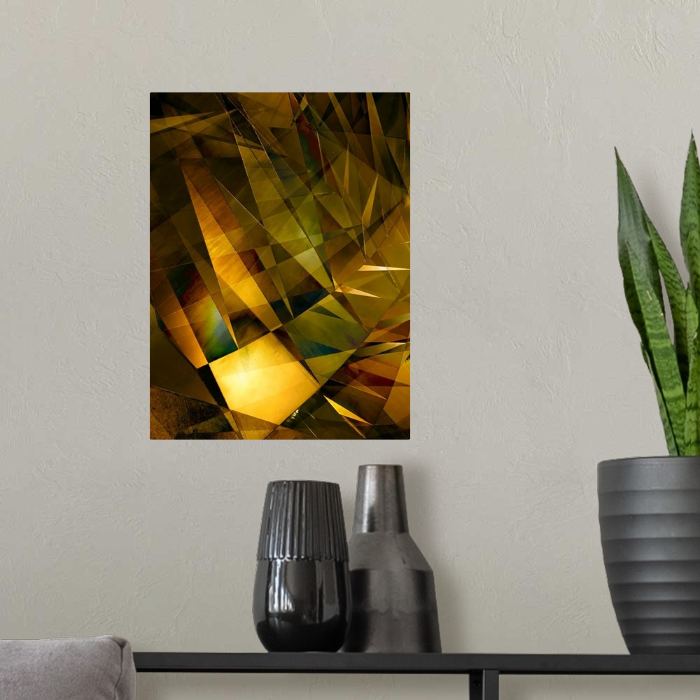 A modern room featuring Abstract photograph made of intersecting angles and lines in varying golden shades.