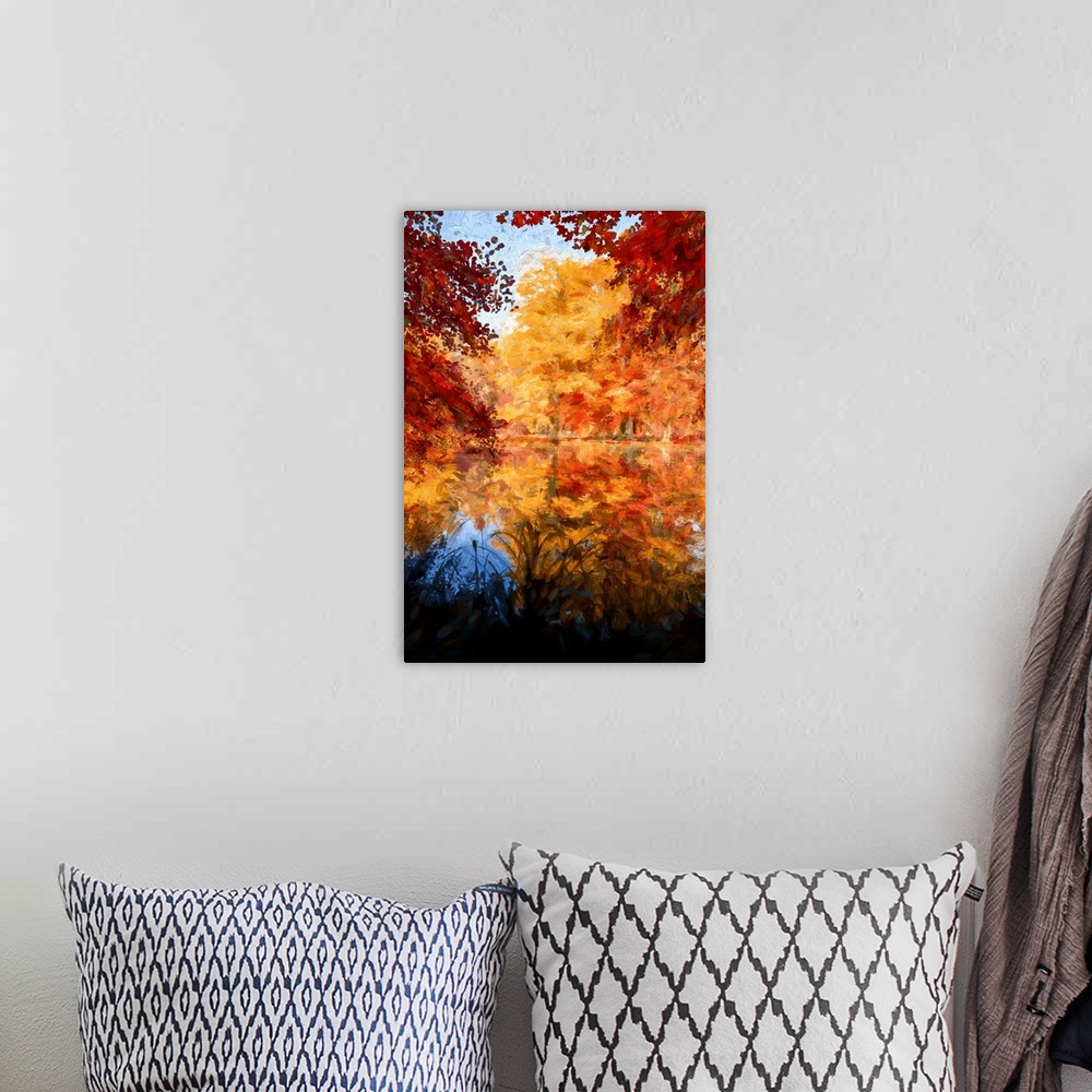 A bohemian room featuring Autumn trees reflected in the water of a pond