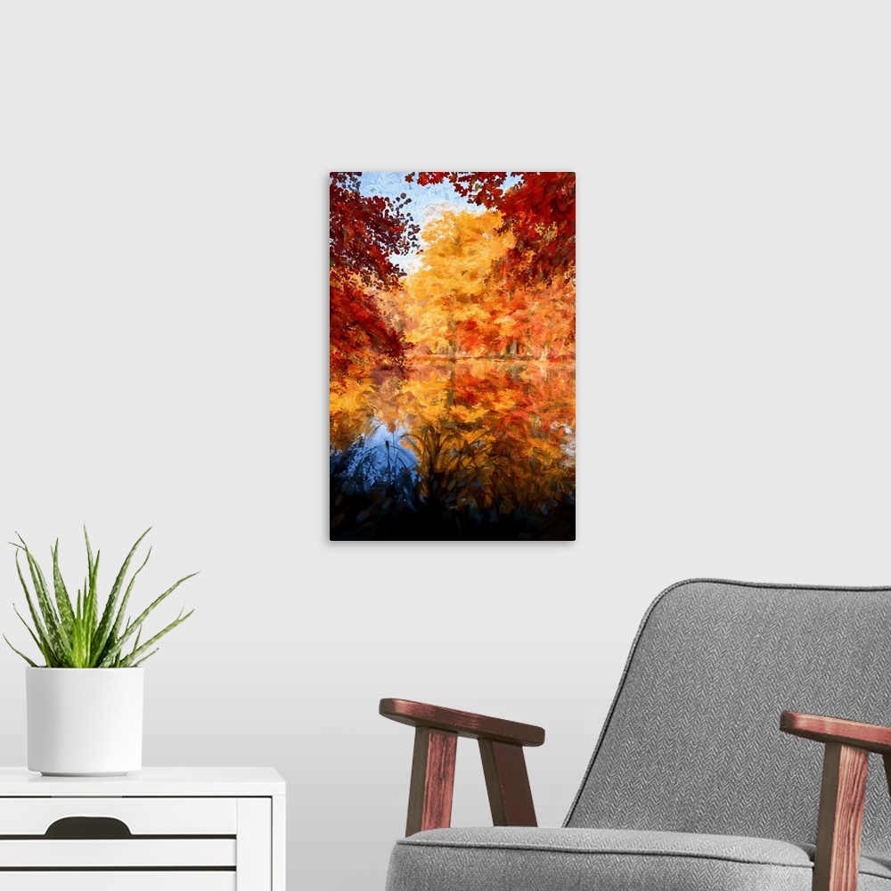 A modern room featuring Autumn trees reflected in the water of a pond