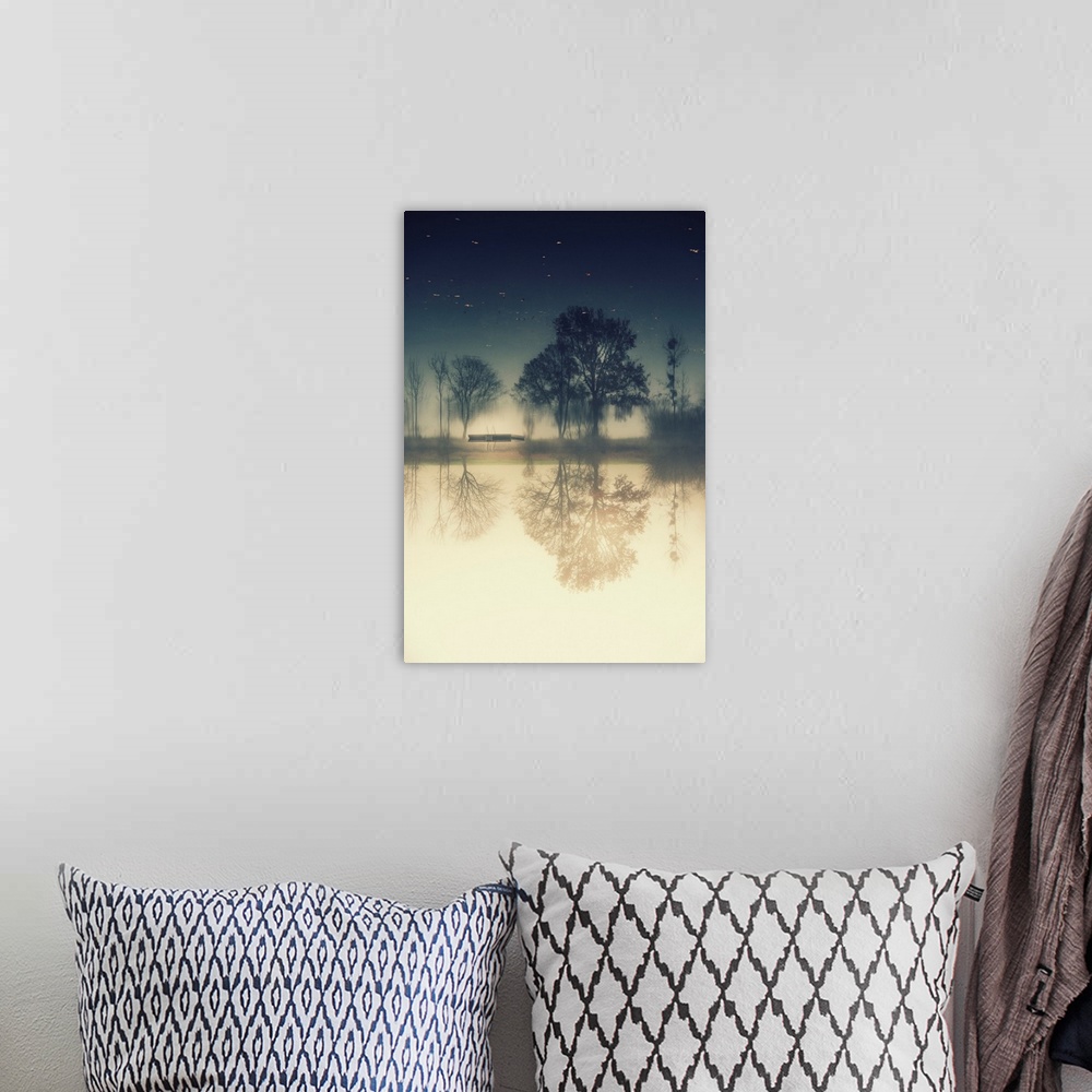 A bohemian room featuring Inverted reflection of a tree by a pond