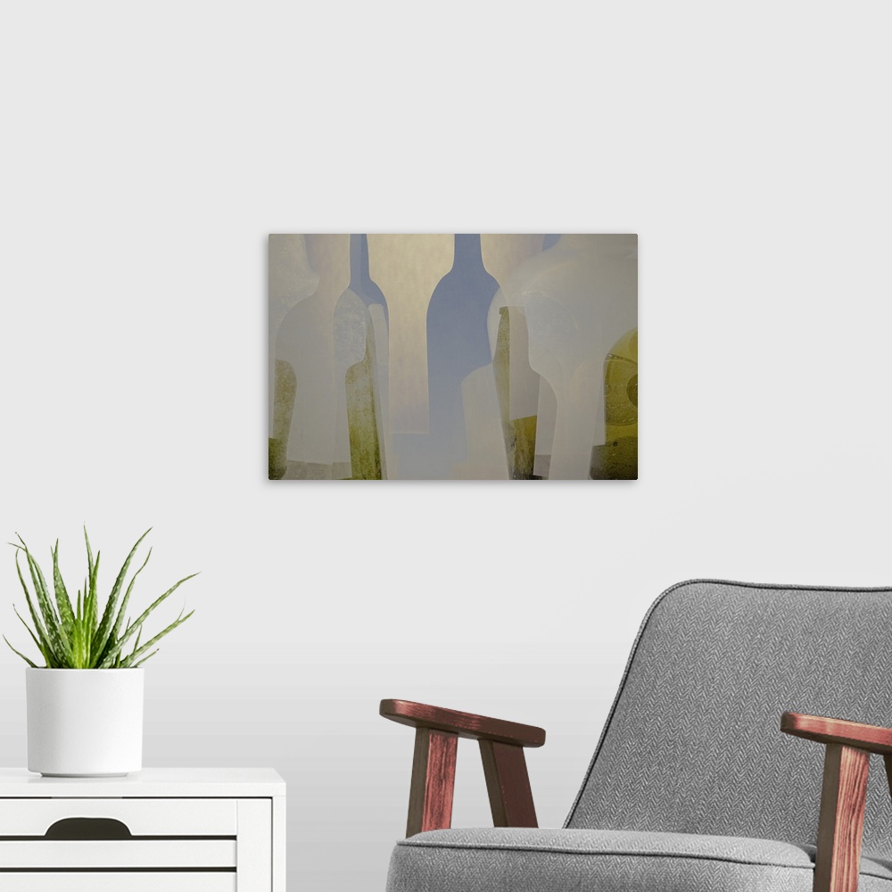 A modern room featuring An abstract expressionist image of stylised bottle and ornamental object shapes in neutral, gold ...