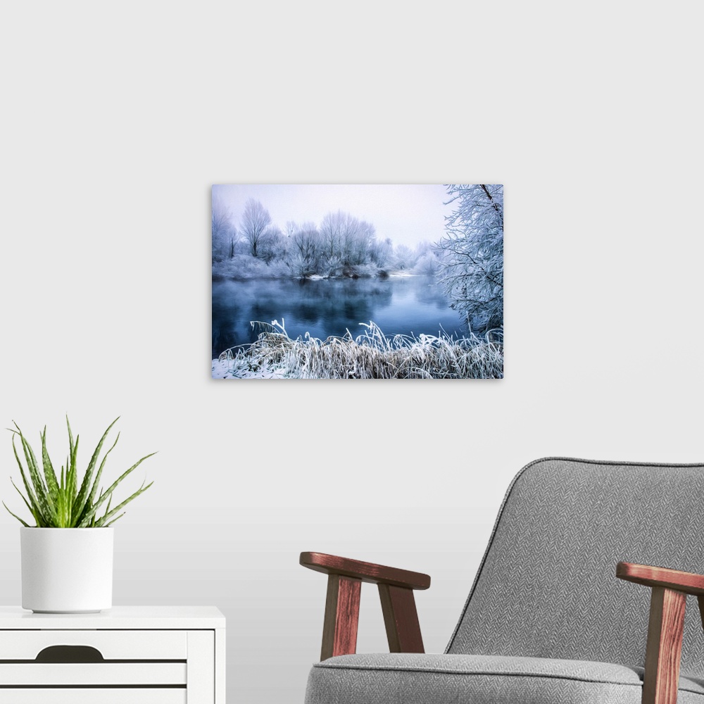 A modern room featuring Photo Expressionism - Frozen trees are reflected in a lake.