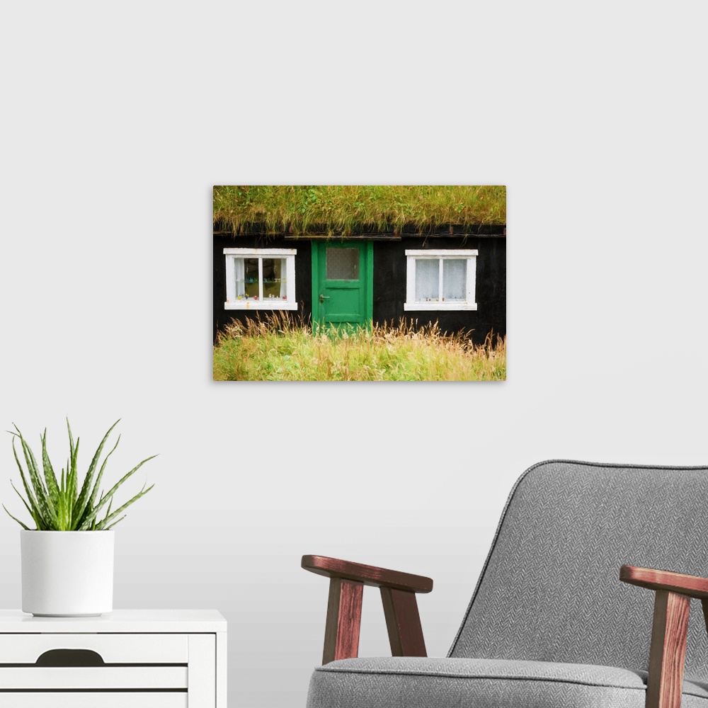 A modern room featuring A rural house with a thatched roof and a green door.