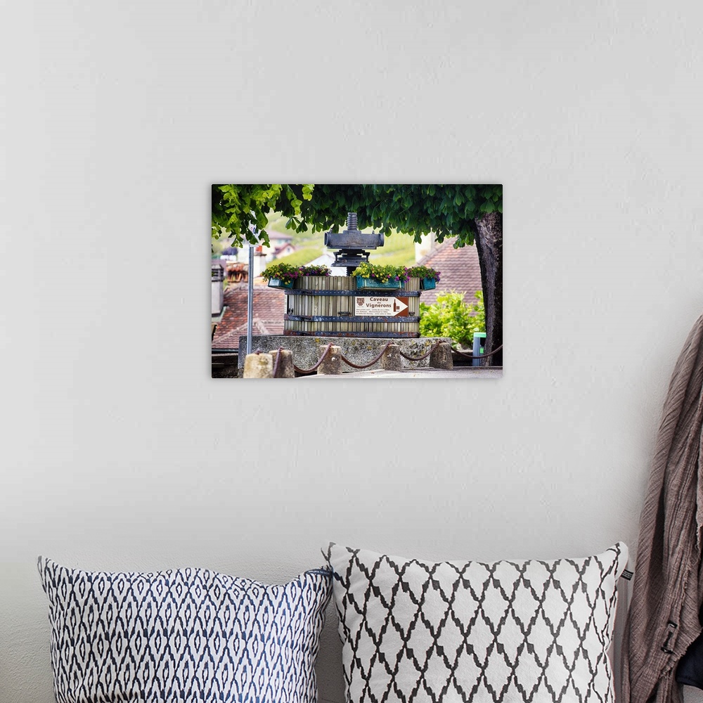 A bohemian room featuring A photograph of a vintage grape press at a vineyard.