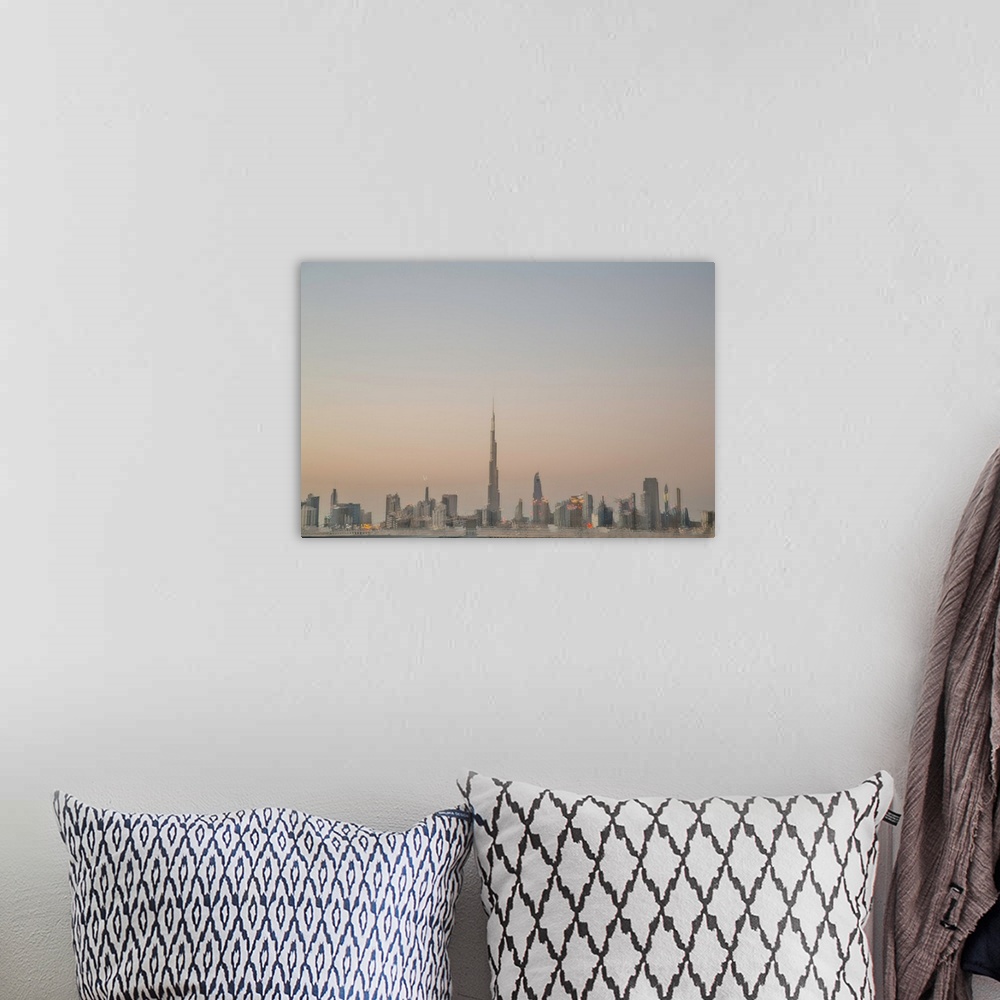 A bohemian room featuring Photograph of a blurred Dubai skyline created with multiple exposures, at dusk.