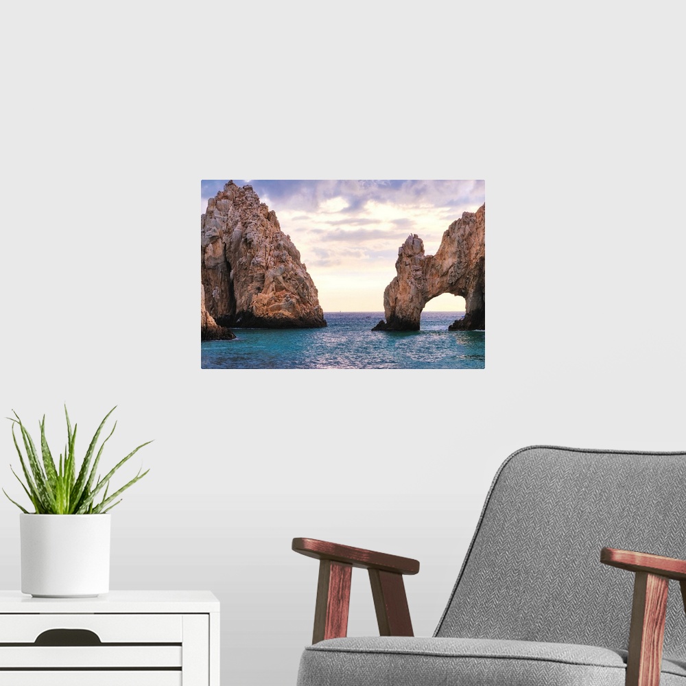 A modern room featuring View of the Arch of Cabo San Lucas in late afternoon light, Baja California Sur, Mexico.