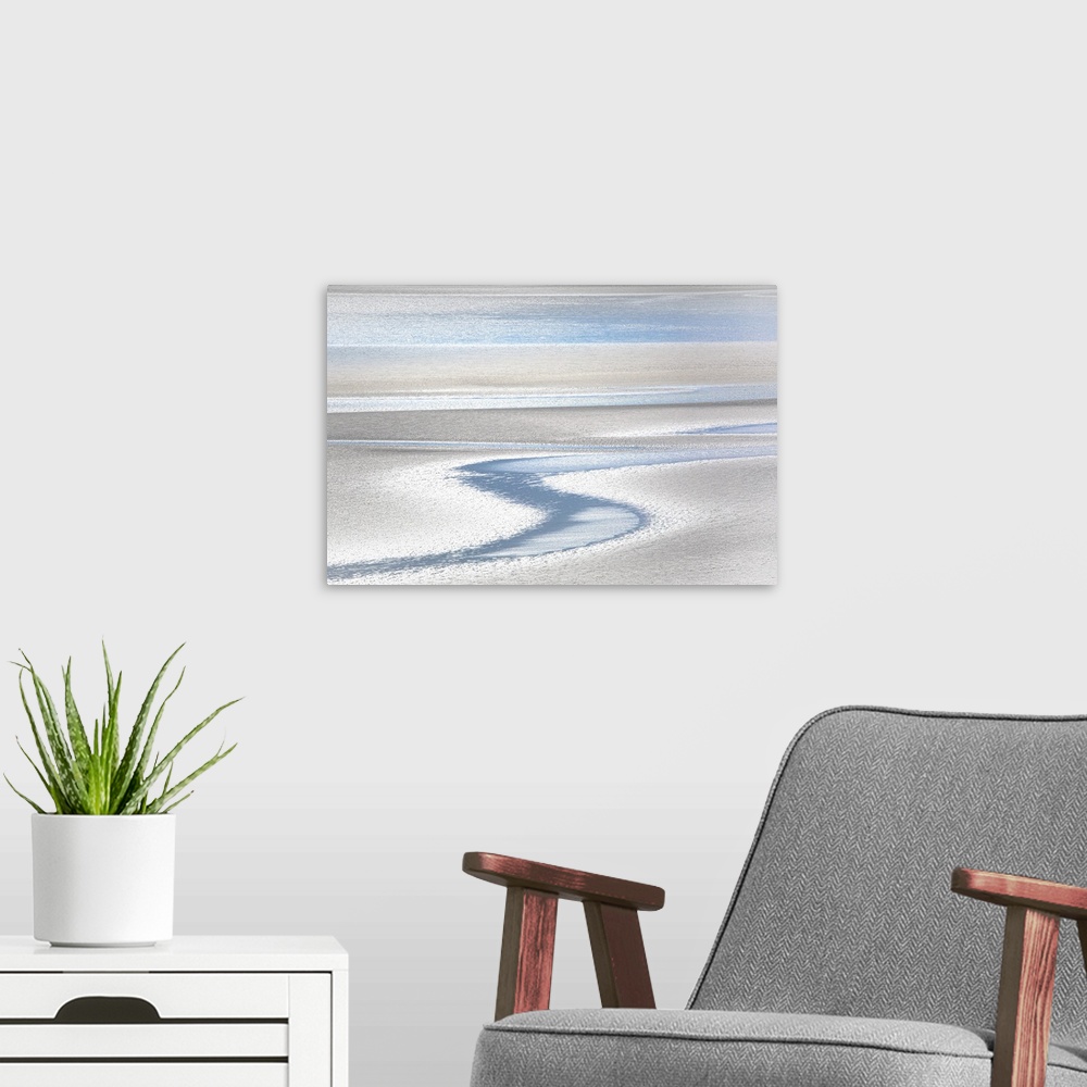 A modern room featuring Beach water abstract in pastel blue and silver.