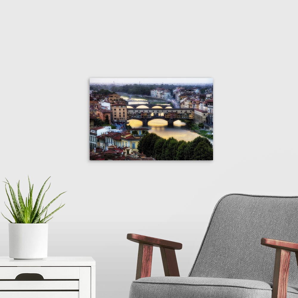 A modern room featuring High Angle View of the Bridges Over the Arno River, Florence, Tu