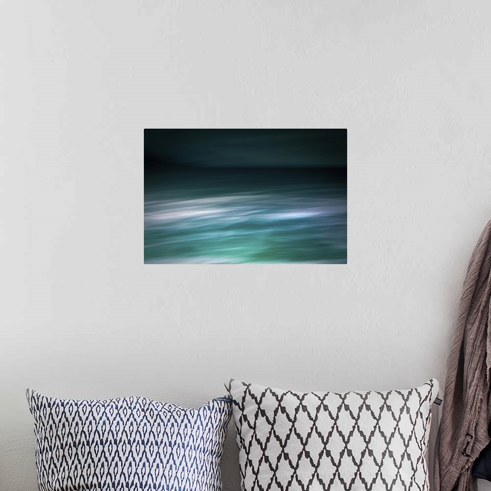A bohemian room featuring Modern photography abstract seascape abstract in teal and white with dark sky and waves.