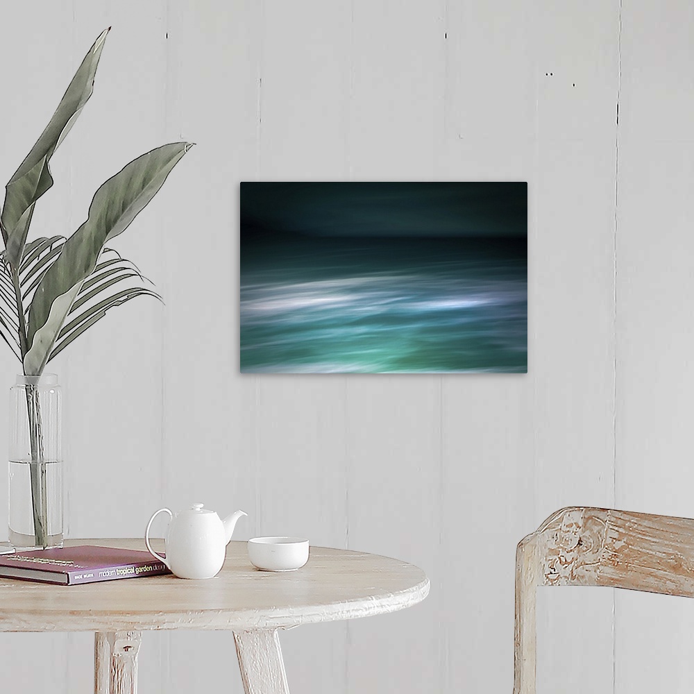 A farmhouse room featuring Modern photography abstract seascape abstract in teal and white with dark sky and waves.