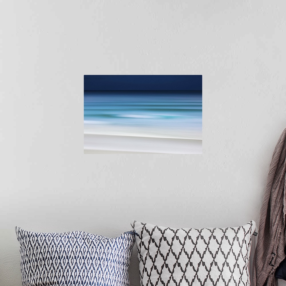 A bohemian room featuring Minimalist navy blue and teal beach abstract of the water on the Isle of Lewis.