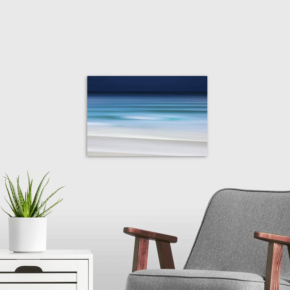 A modern room featuring Minimalist navy blue and teal beach abstract of the water on the Isle of Lewis.