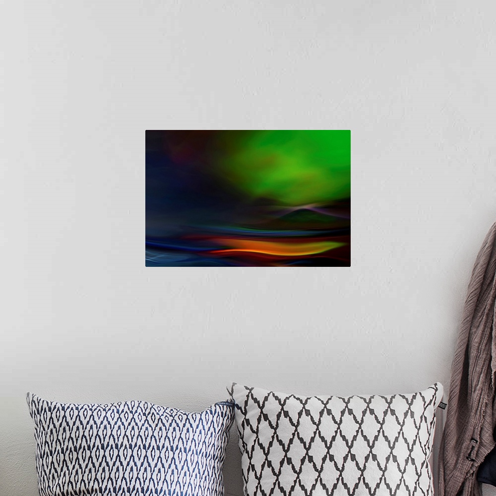 A bohemian room featuring Abstract artwork that is a close up of the aurora lights. Green is the prominent color with vario...