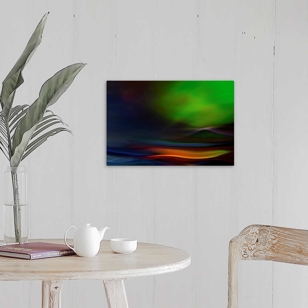 A farmhouse room featuring Abstract artwork that is a close up of the aurora lights. Green is the prominent color with vario...