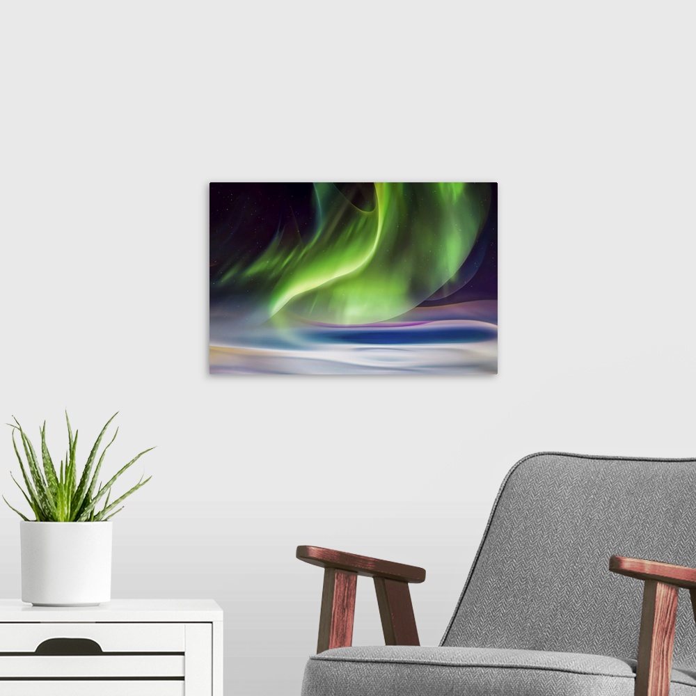 A modern room featuring Abstract interpretation of what an aurora borealis (the Northern Lights) looks like. This is a re...