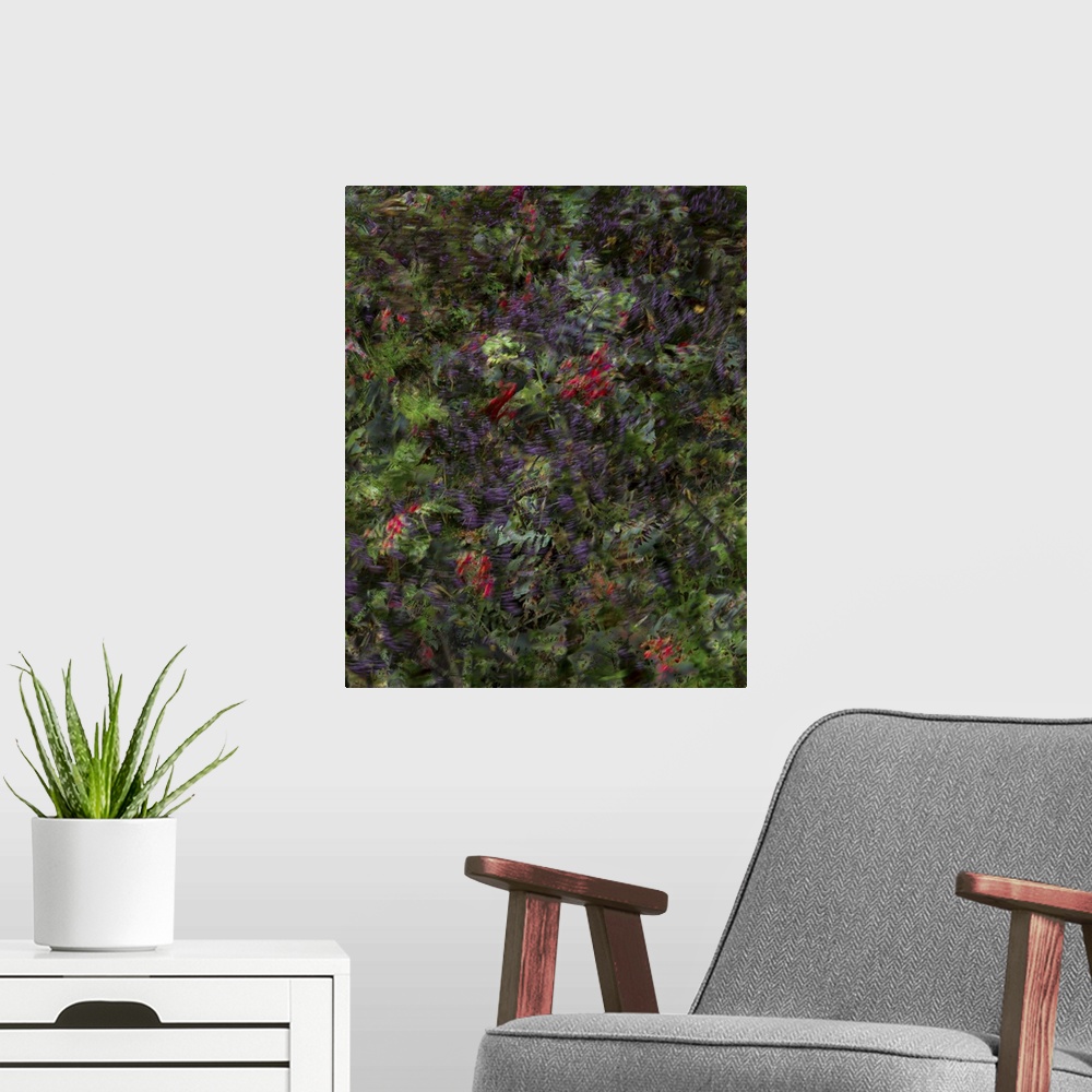A modern room featuring Blurred abstract image of autumn plants with red and purple.