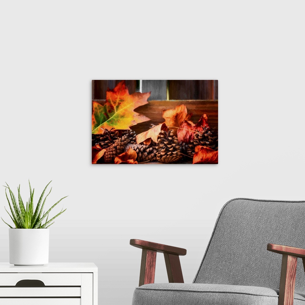 A modern room featuring Fine art photograph of Autumn leaves and pine cones on a wooden background with a painted look.