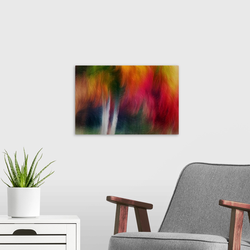 A modern room featuring Abstract artwork with swirls of bright colors and lines running throughout over two vertical whit...