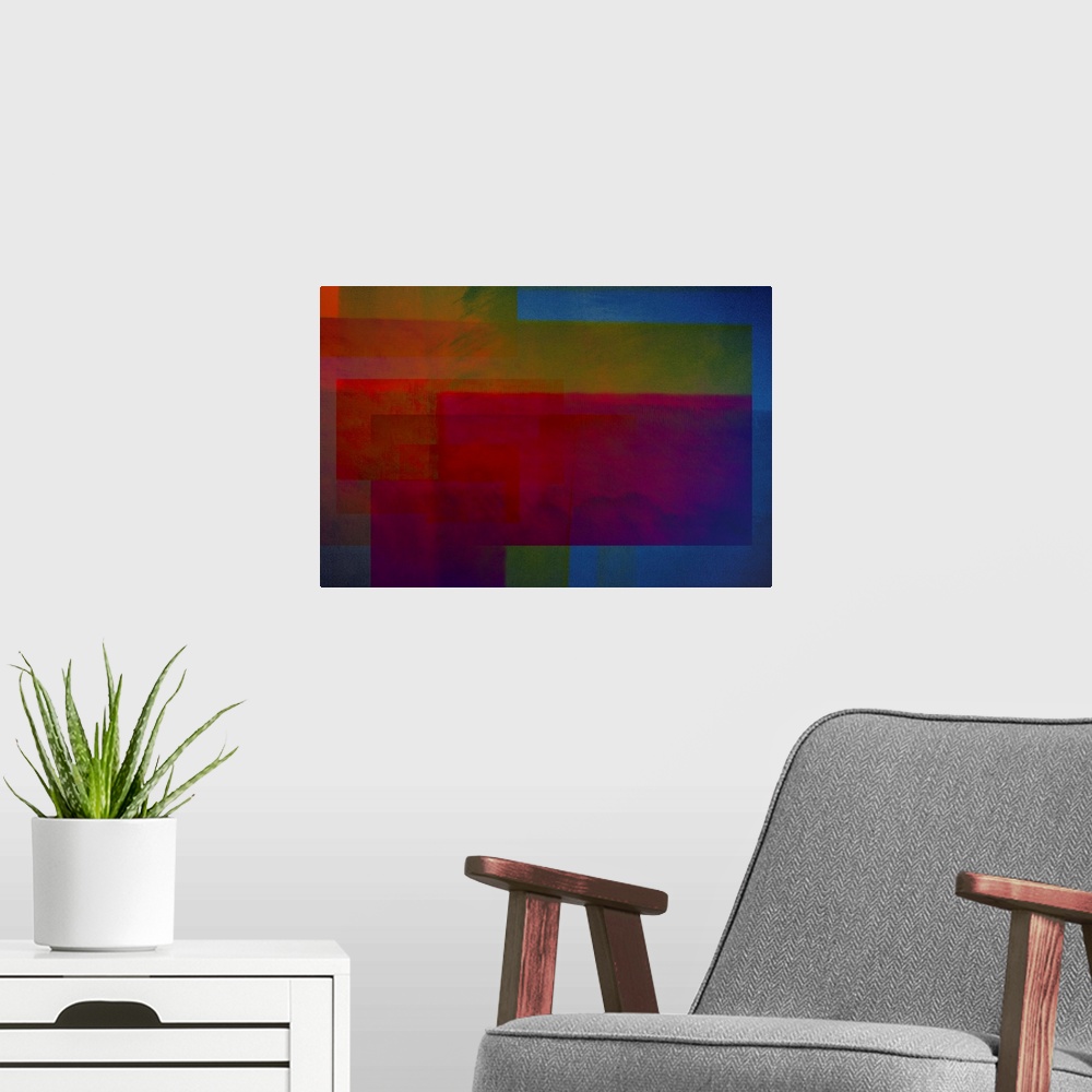 A modern room featuring An abstract impressionist image of deep crimson reds, blues greens and oranges arranged in square...