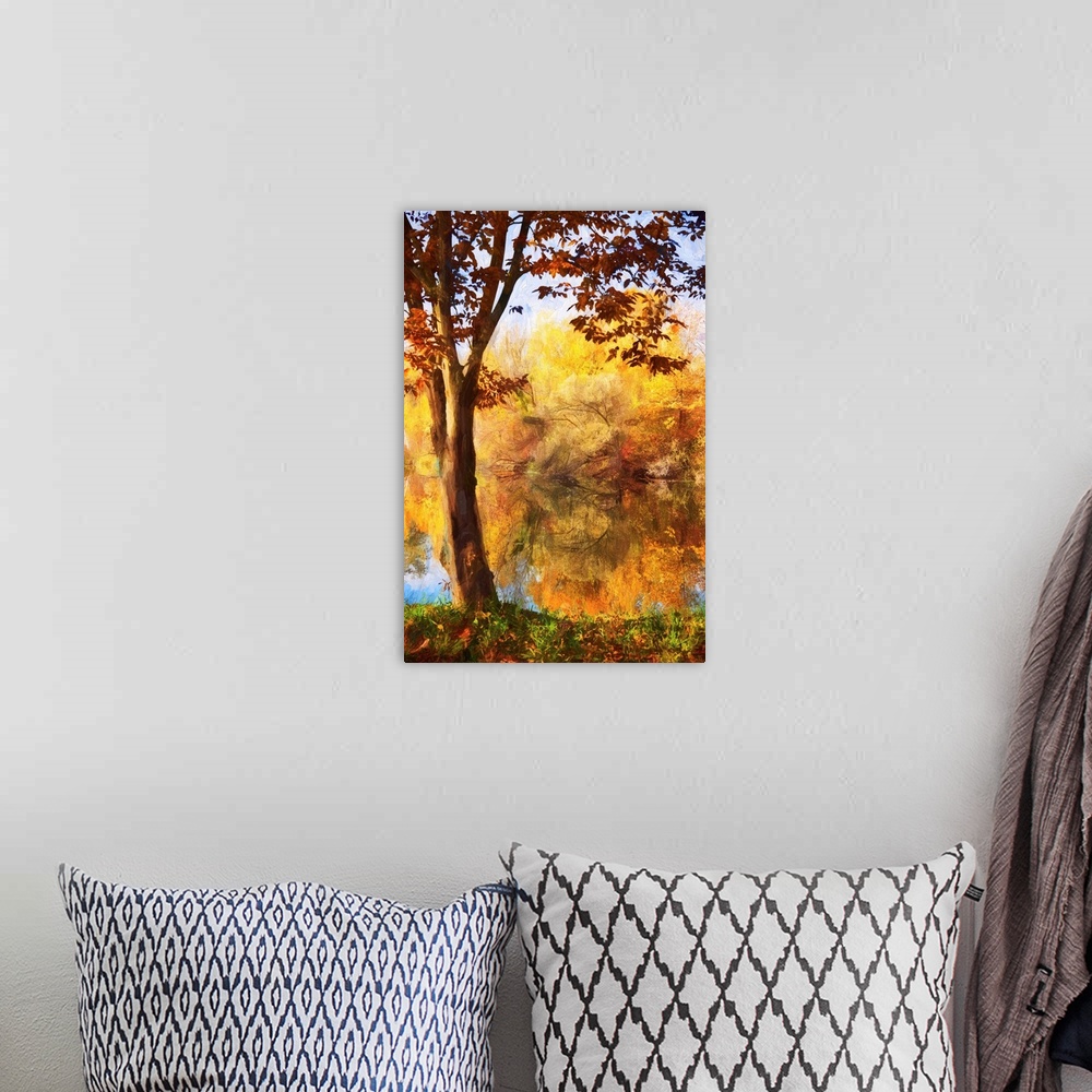 A bohemian room featuring Trees by a pond with a expressionist photo or painterly effect