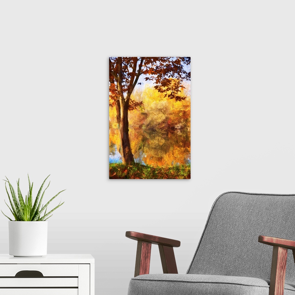 A modern room featuring Trees by a pond with a expressionist photo or painterly effect