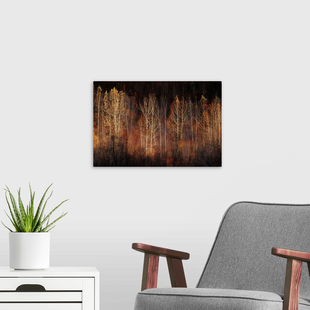 A modern room featuring Abstract interpretation of a group of trees in late Fall