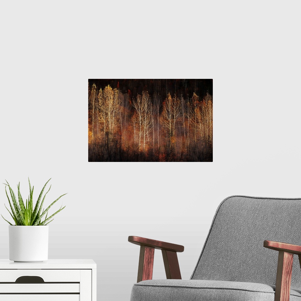 A modern room featuring Abstract interpretation of a group of trees in late Fall