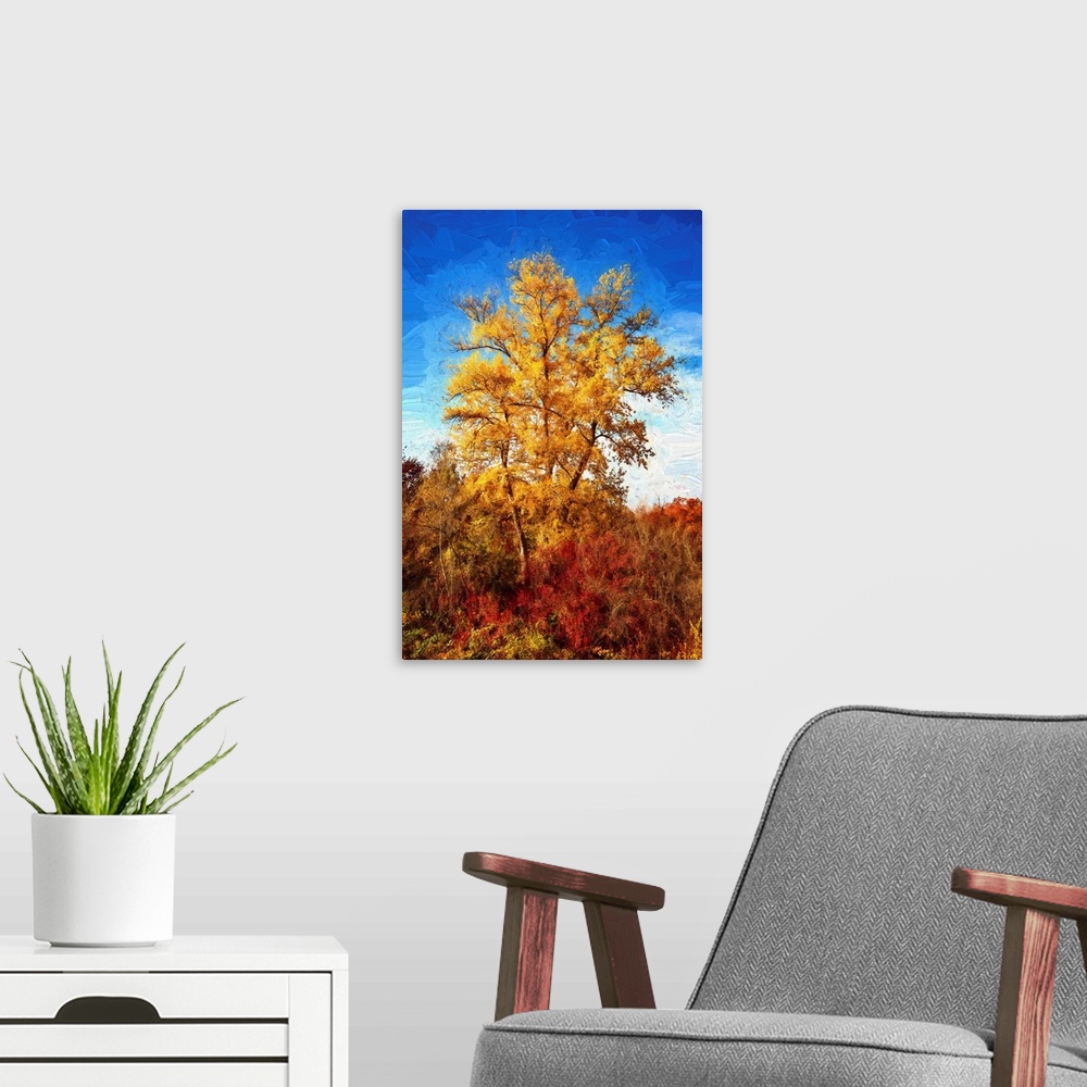 A modern room featuring Yellow tree with expressionist photo or painterly effect