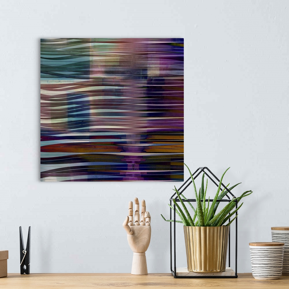 A bohemian room featuring Square abstract fine art image with wavy lines running horizontally across the canvas in shades o...