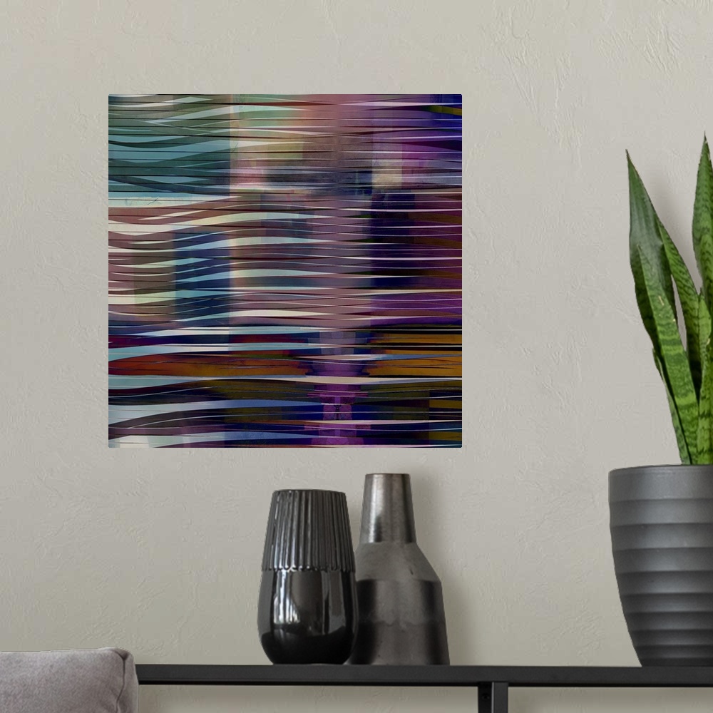 A modern room featuring Square abstract fine art image with wavy lines running horizontally across the canvas in shades o...
