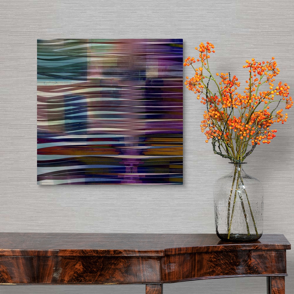 A traditional room featuring Square abstract fine art image with wavy lines running horizontally across the canvas in shades o...
