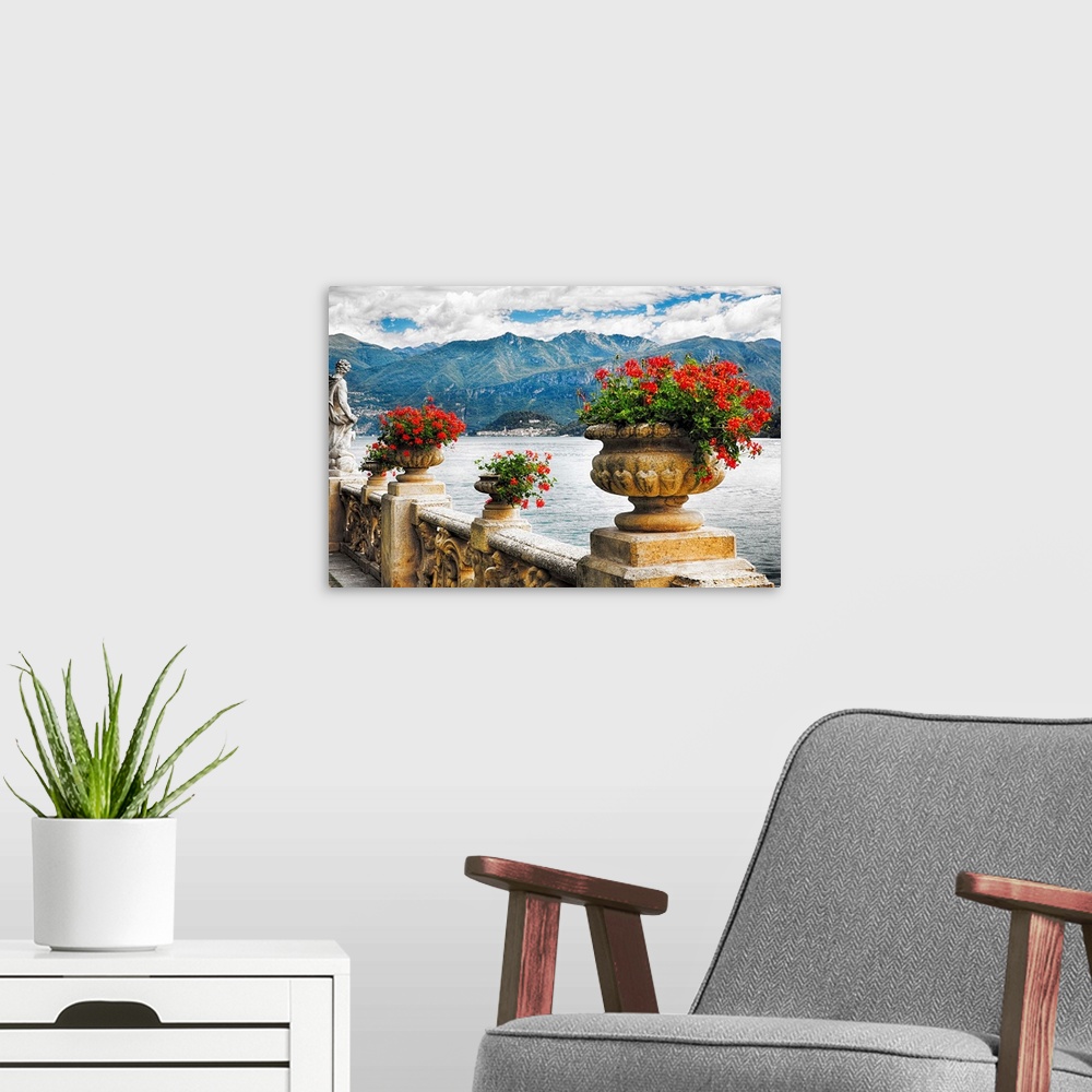A modern room featuring Fine art photo of a stone wall with urns full of blooming flowers, Lake Como, Italy.