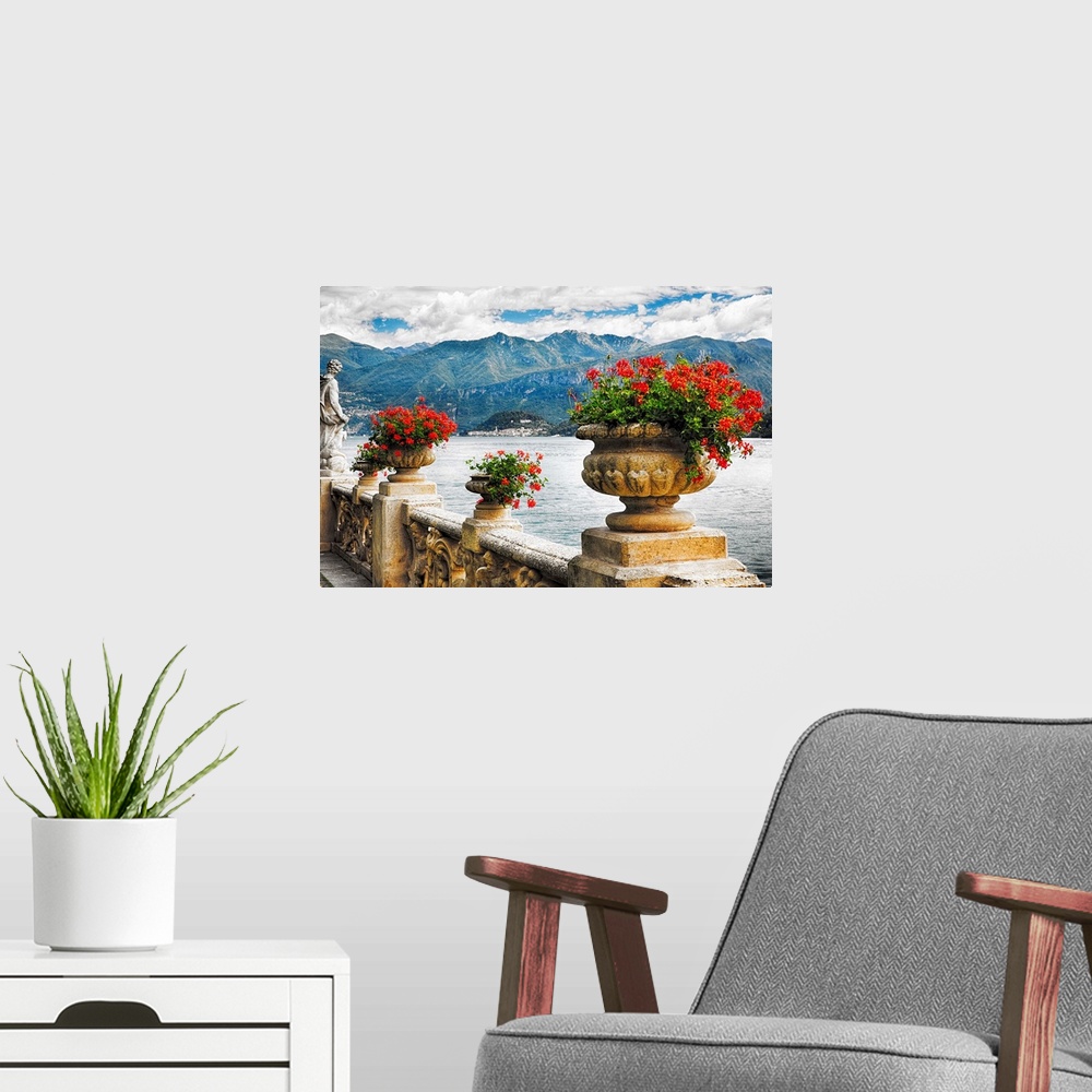 A modern room featuring Fine art photo of a stone wall with urns full of blooming flowers, Lake Como, Italy.