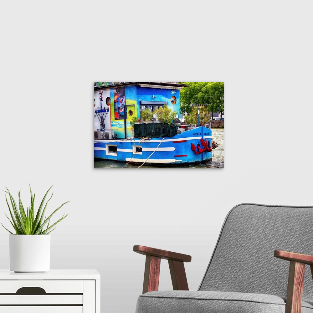 A modern room featuring Colorful Houseboat on the Saone River, Lyon, France