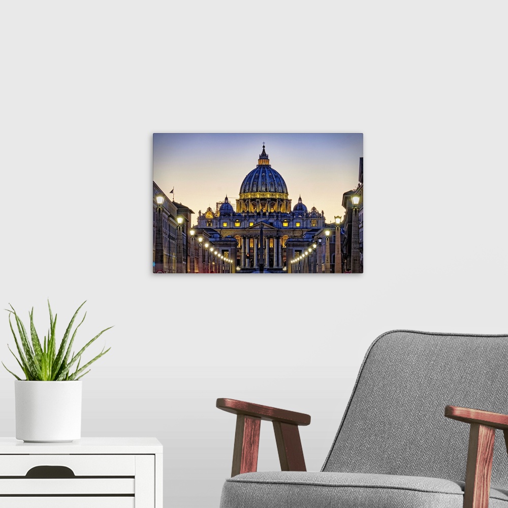 A modern room featuring Low Angle View of the Papal Basilica of St Peter's at Night, Vatican City, Rome, Italy