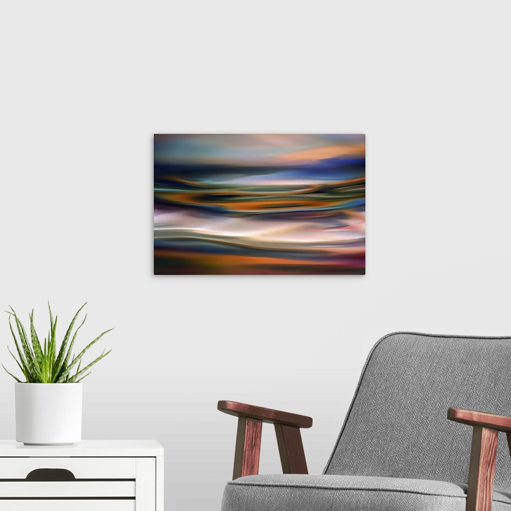 A modern room featuring Abstract of a beach at sunset.