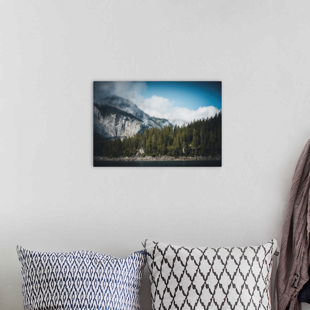 A bohemian room featuring Swiss landscape with fir trees and mountains