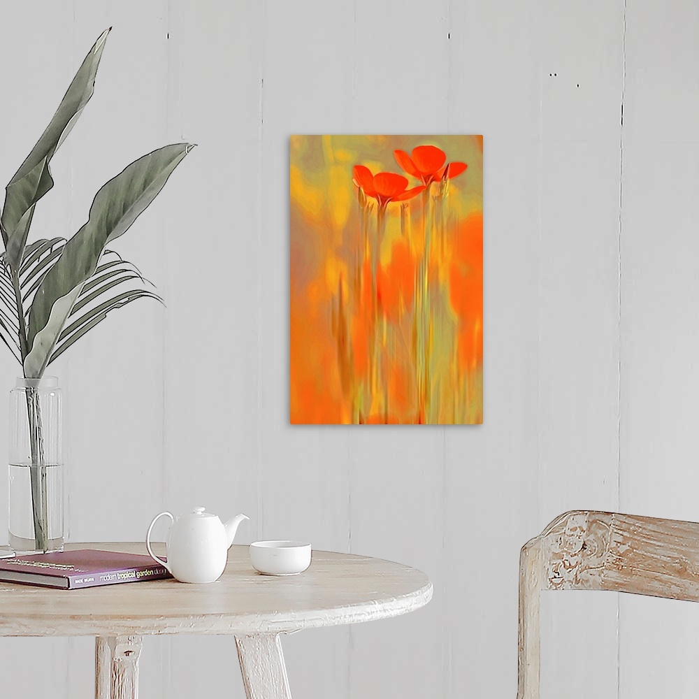 A farmhouse room featuring A large vertical piece that has two long orange flowers shown surrounded by warm colors.