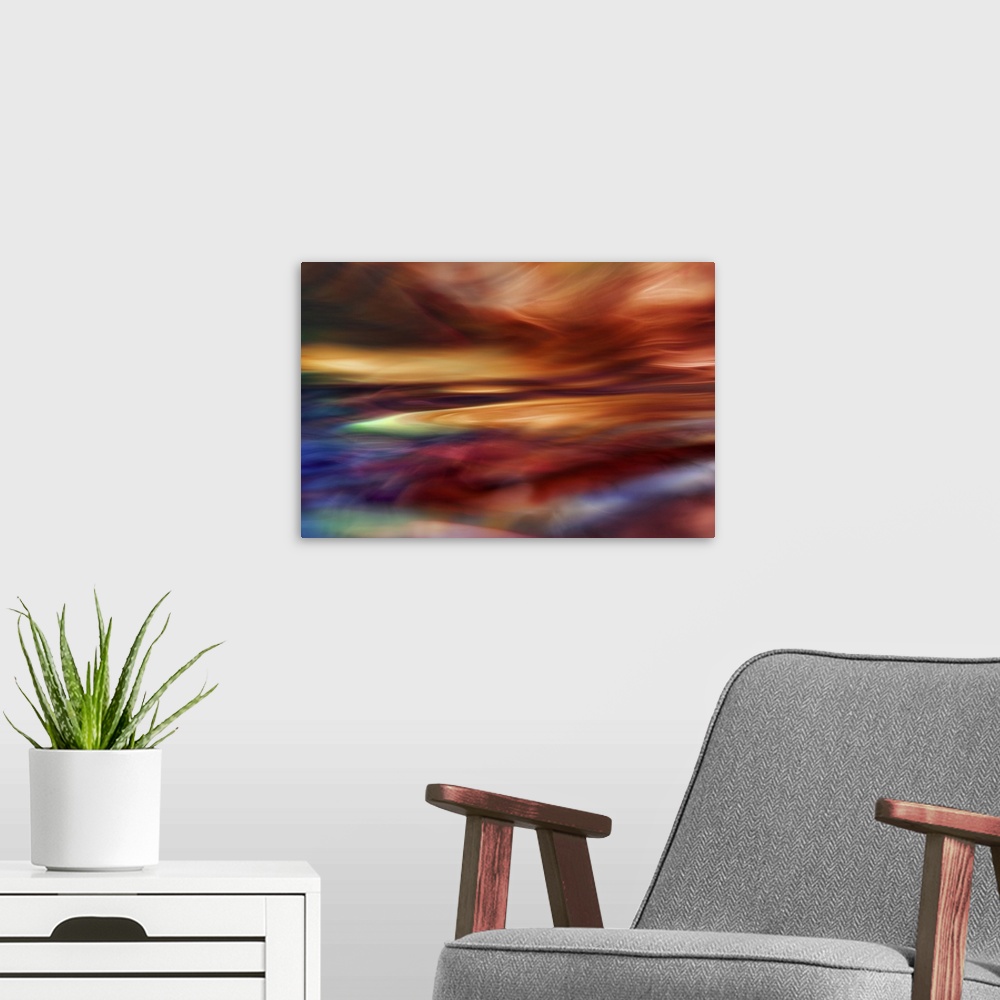 A modern room featuring Abstract macro motif of water in motion.