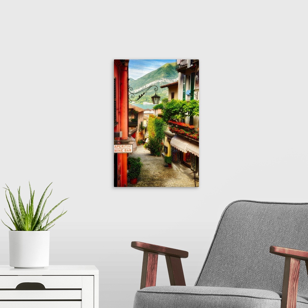 A modern room featuring Fine art photo of an alleyway between the shops in Como, Italy.