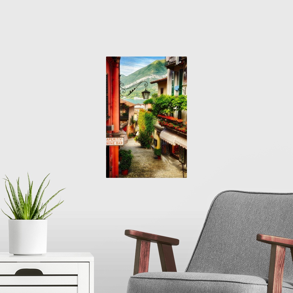 A modern room featuring Fine art photo of an alleyway between the shops in Como, Italy.